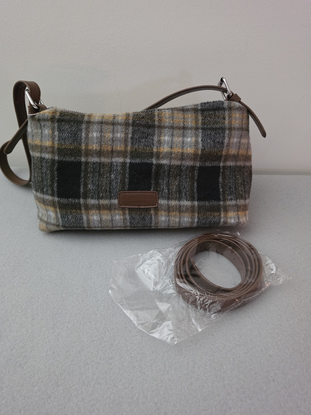 Plaid Crossbody Shoulder Bag in Gray and Brown